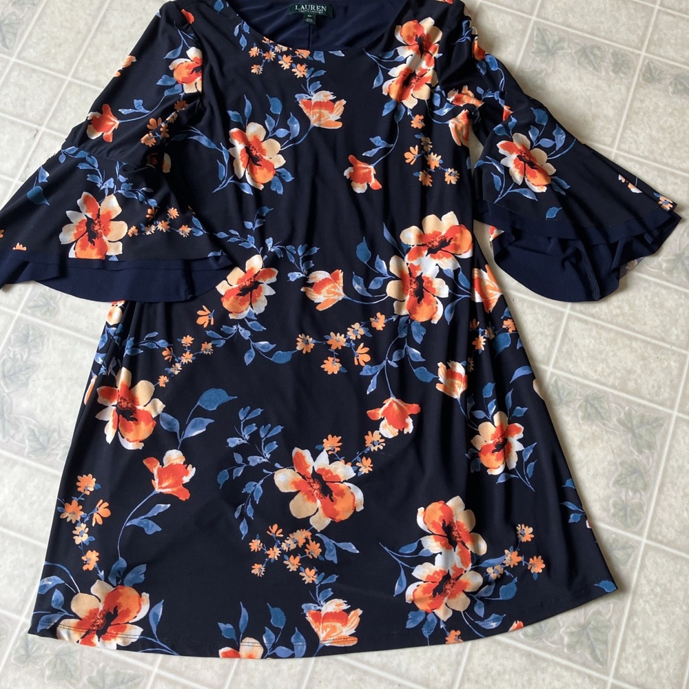 Lauren Ralph Lauren Floral Stretch Shift Dress 3/4 Flutter Sleeve Lined Sz 4 pet